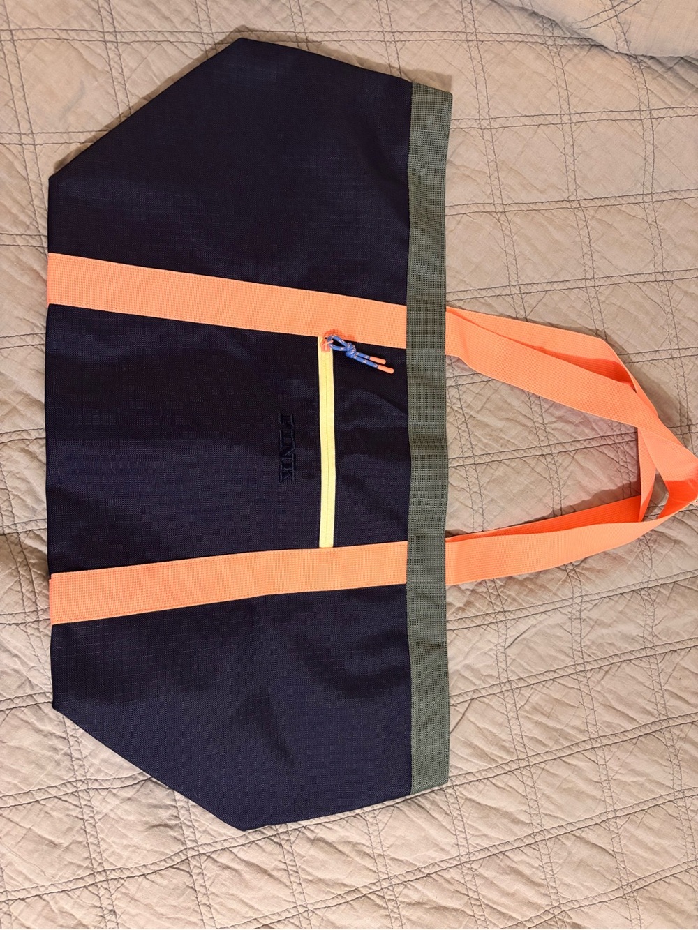 PINK Thule Navy Duffel Tote with Orange Straps and Yellow Trim